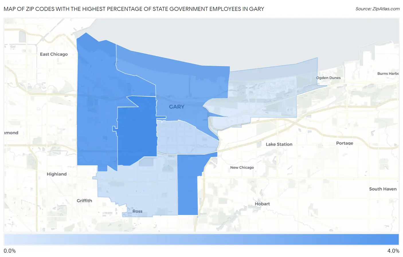 Zip Codes with the Highest Percentage of State Government Employees in Gary Map