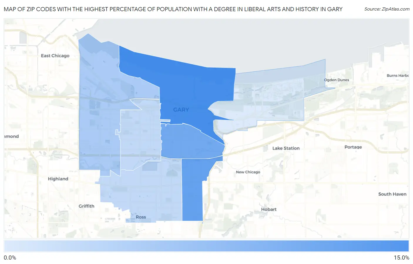 Zip Codes with the Highest Percentage of Population with a Degree in Liberal Arts and History in Gary Map
