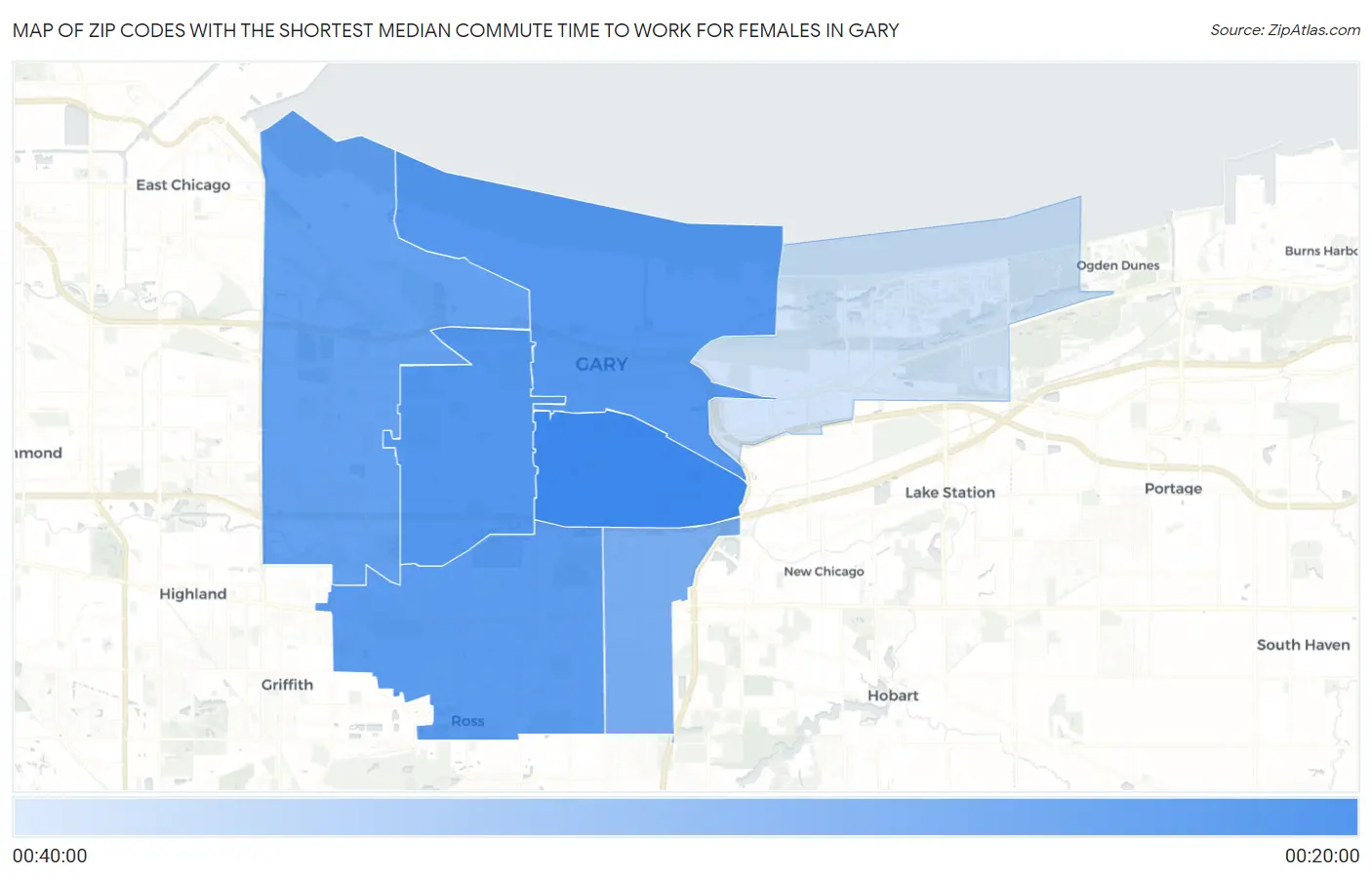 Zip Codes with the Shortest Median Commute Time to Work for Females in Gary Map