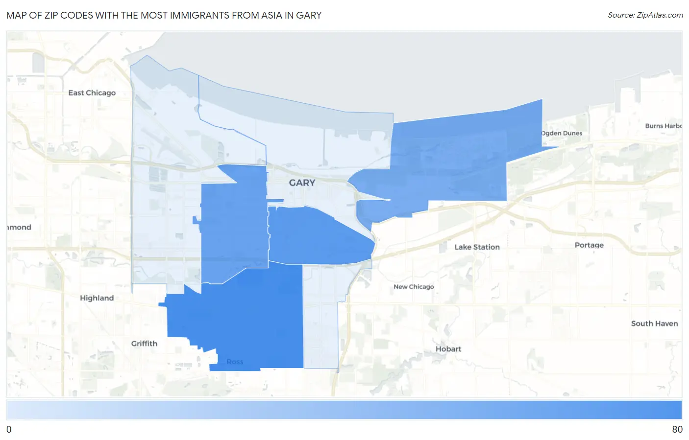 Zip Codes with the Most Immigrants from Asia in Gary Map