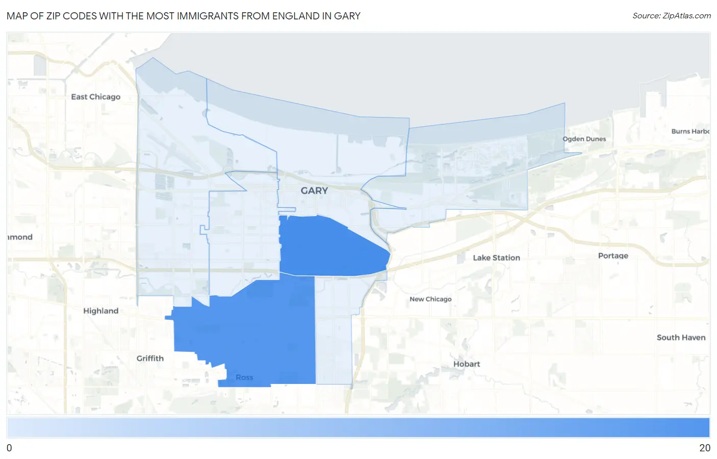 Zip Codes with the Most Immigrants from England in Gary Map