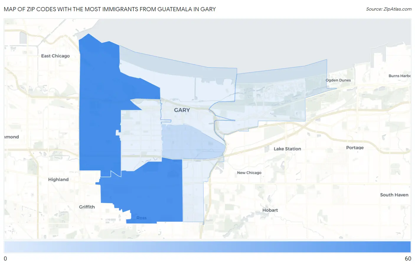 Zip Codes with the Most Immigrants from Guatemala in Gary Map