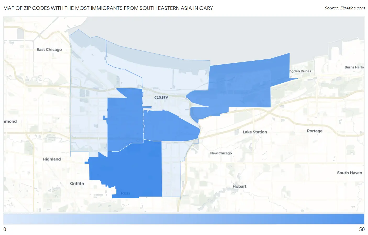 Zip Codes with the Most Immigrants from South Eastern Asia in Gary Map