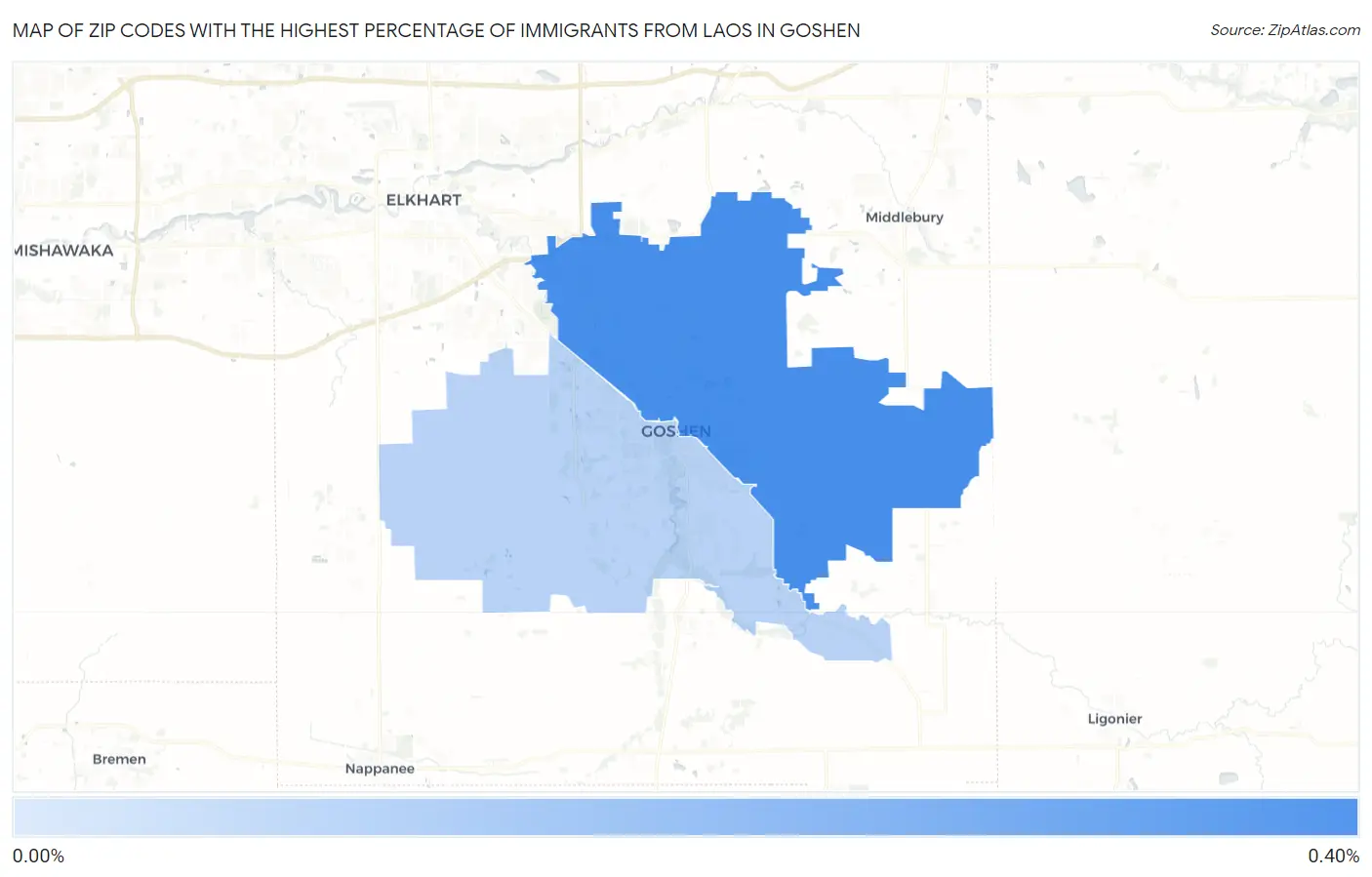 Zip Codes with the Highest Percentage of Immigrants from Laos in Goshen Map
