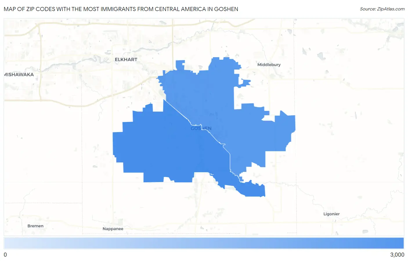 Zip Codes with the Most Immigrants from Central America in Goshen Map