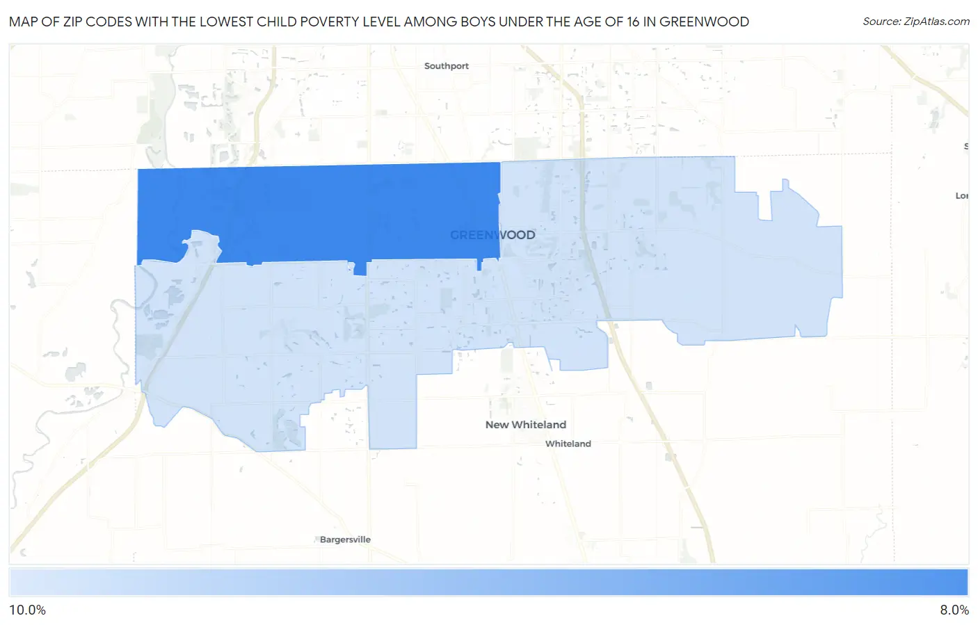 Zip Codes with the Lowest Child Poverty Level Among Boys Under the Age of 16 in Greenwood Map