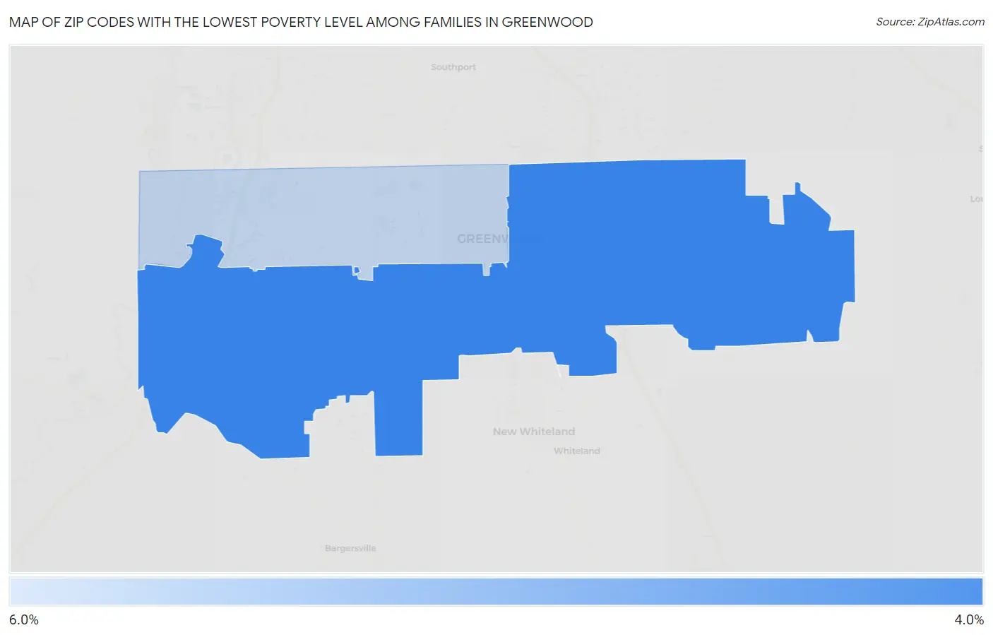 Zip Codes with the Lowest Poverty Level Among Families in Greenwood Map