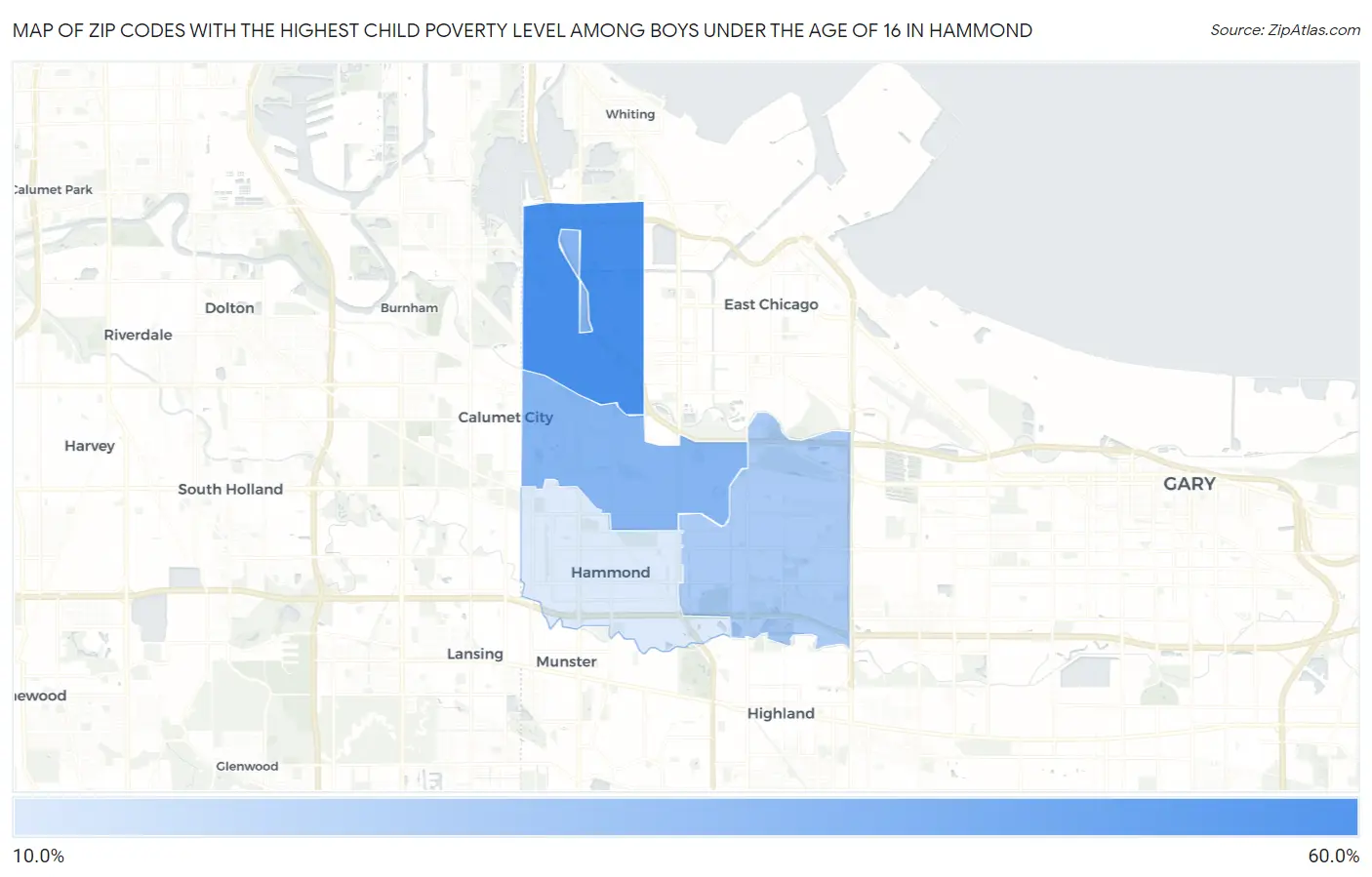 Zip Codes with the Highest Child Poverty Level Among Boys Under the Age of 16 in Hammond Map
