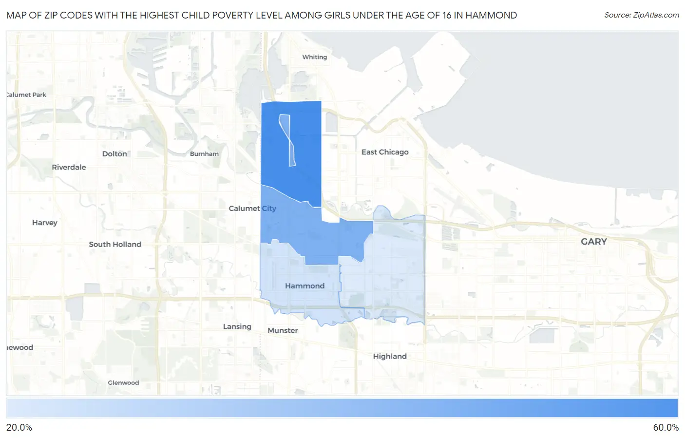 Zip Codes with the Highest Child Poverty Level Among Girls Under the Age of 16 in Hammond Map