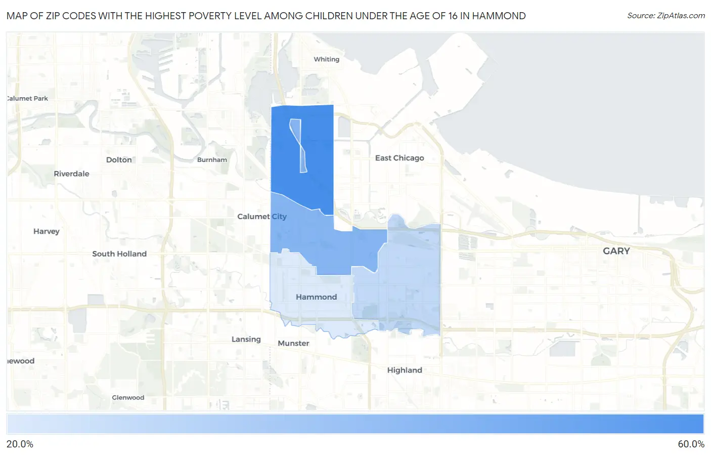 Zip Codes with the Highest Poverty Level Among Children Under the Age of 16 in Hammond Map