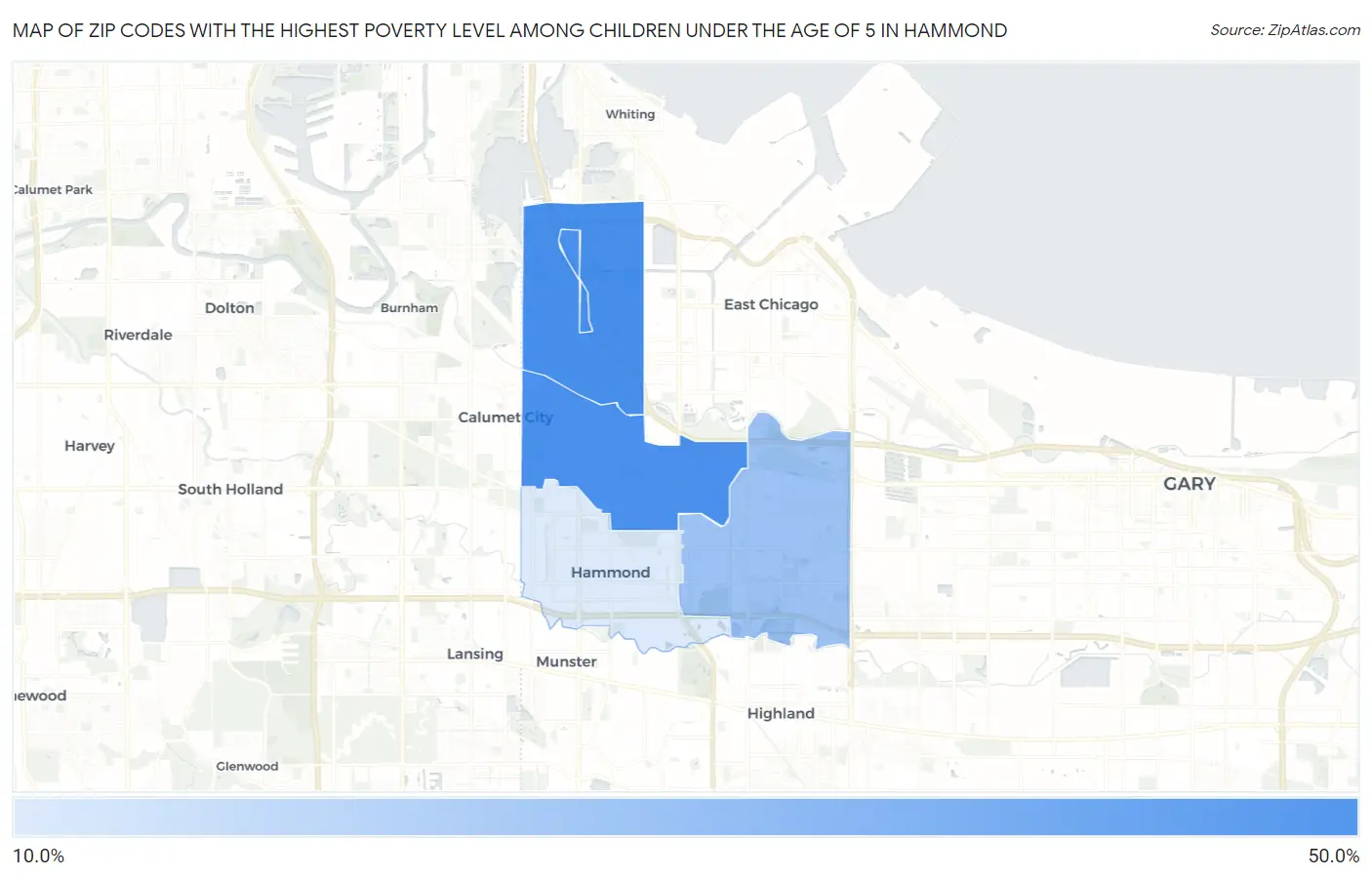 Zip Codes with the Highest Poverty Level Among Children Under the Age of 5 in Hammond Map