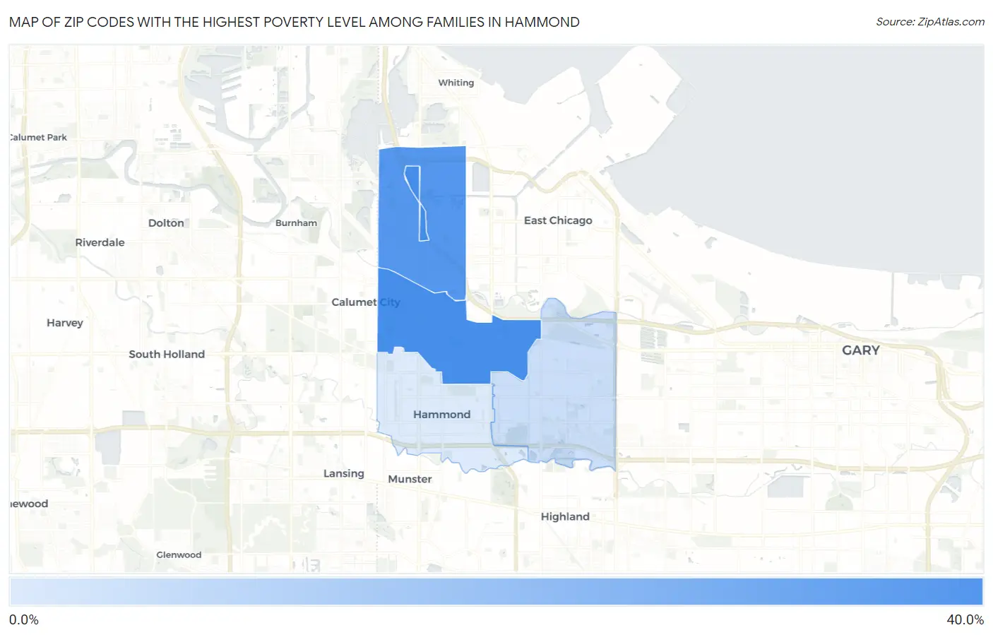 Zip Codes with the Highest Poverty Level Among Families in Hammond Map