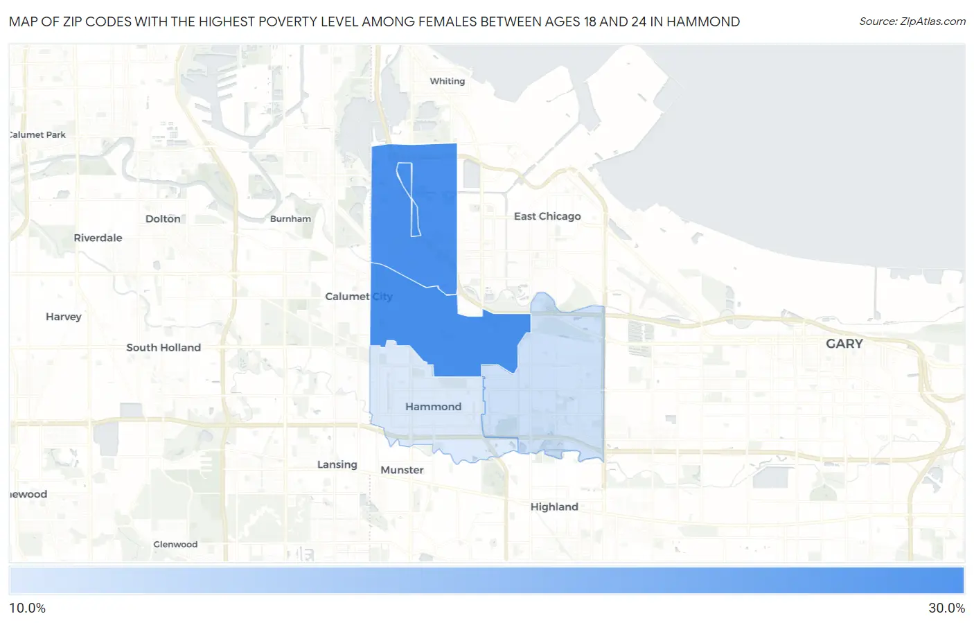 Zip Codes with the Highest Poverty Level Among Females Between Ages 18 and 24 in Hammond Map