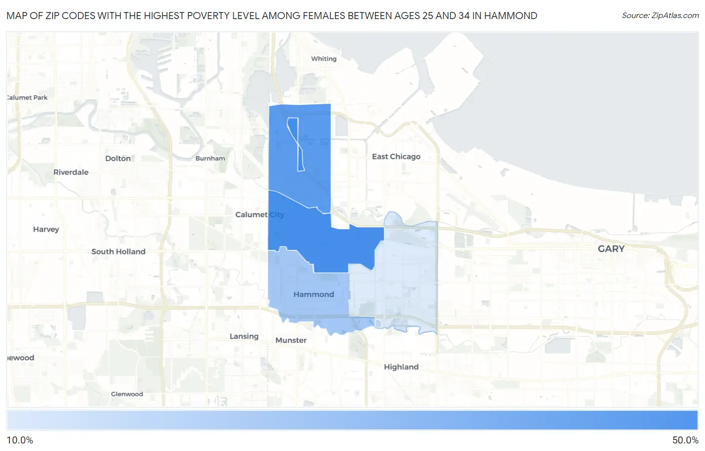 Zip Codes with the Highest Poverty Level Among Females Between Ages 25 and 34 in Hammond Map