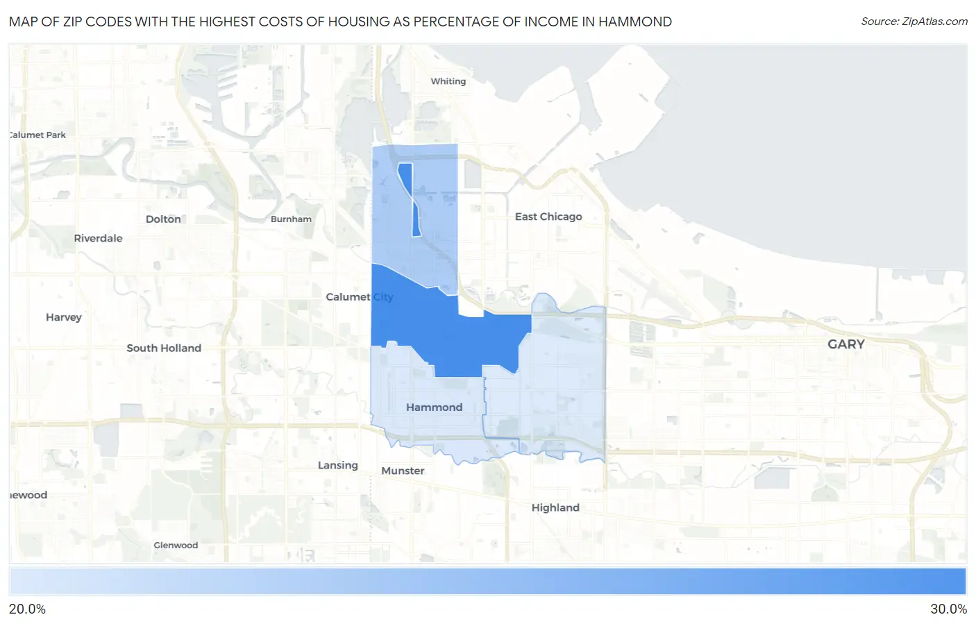 Zip Codes with the Highest Costs of Housing as Percentage of Income in Hammond Map