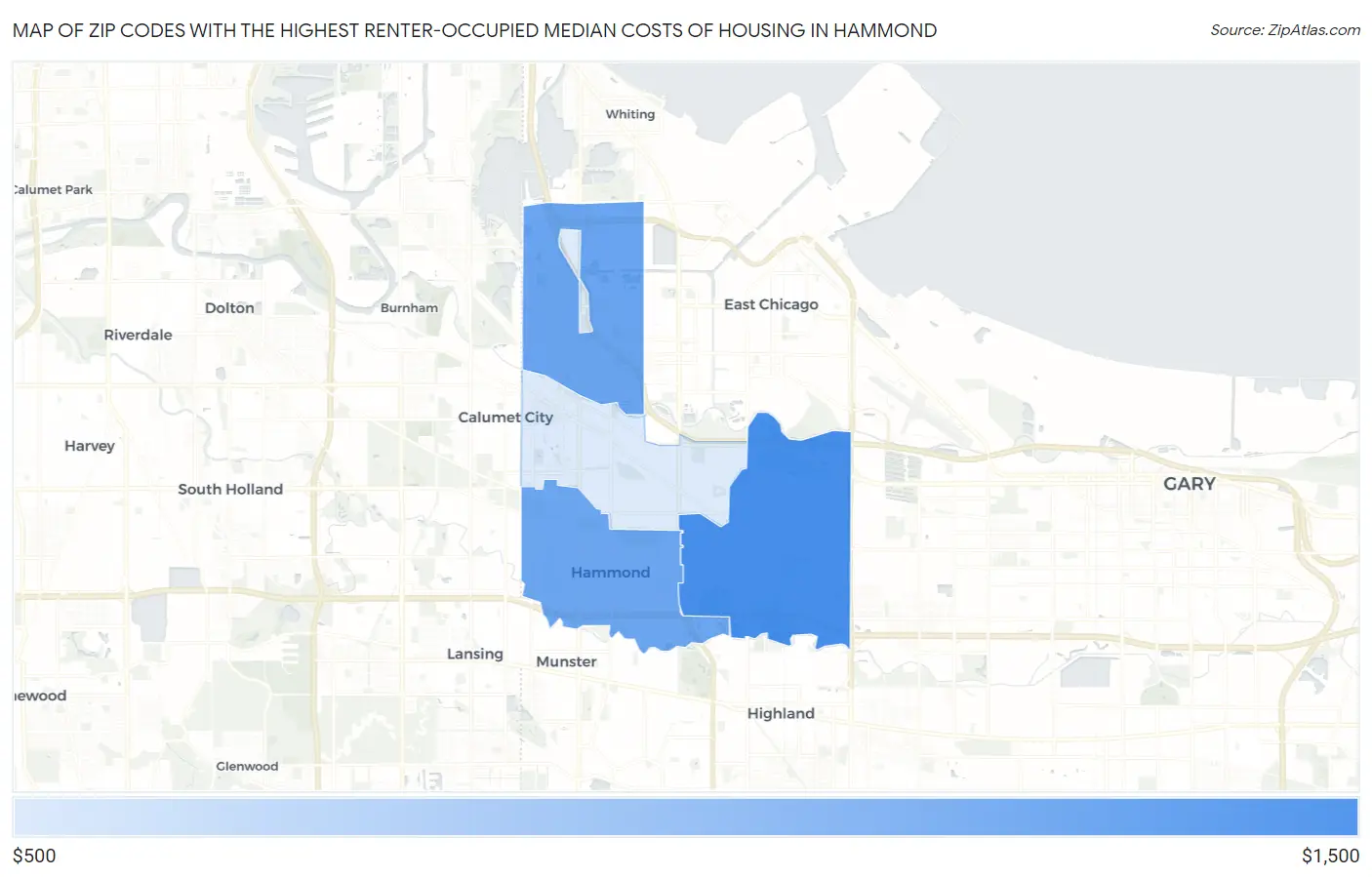 Zip Codes with the Highest Renter-Occupied Median Costs of Housing in Hammond Map