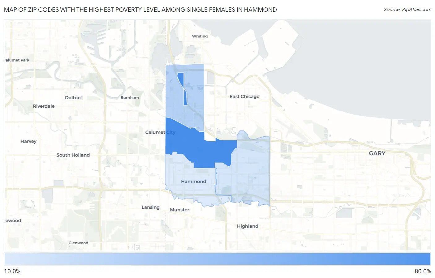Zip Codes with the Highest Poverty Level Among Single Females in Hammond Map