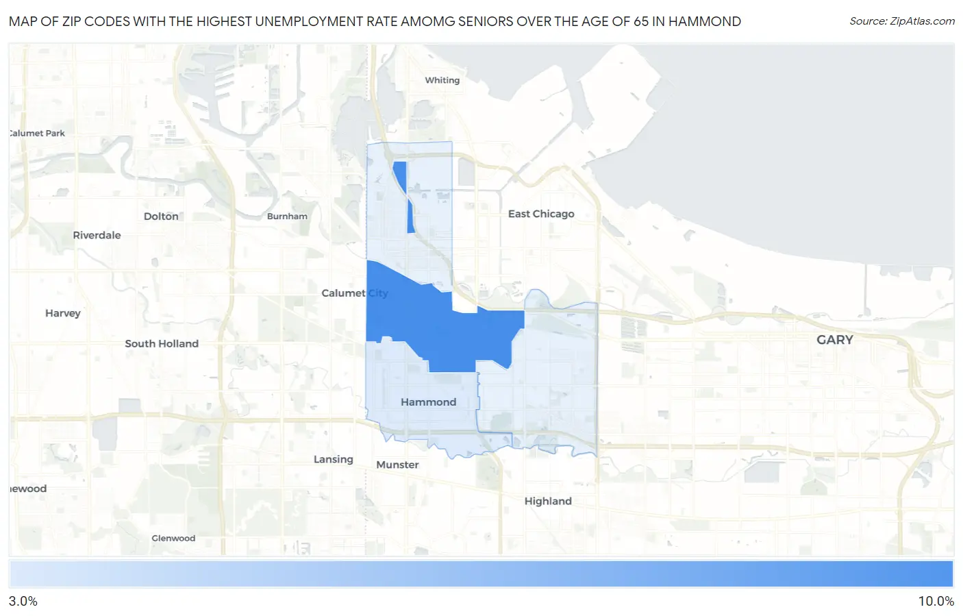 Zip Codes with the Highest Unemployment Rate Amomg Seniors Over the Age of 65 in Hammond Map