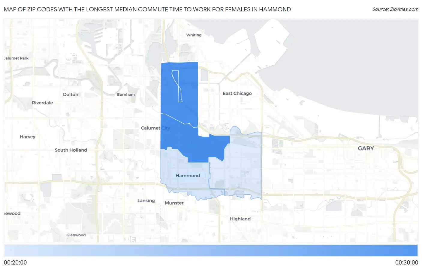 Zip Codes with the Longest Median Commute Time to Work for Females in Hammond Map