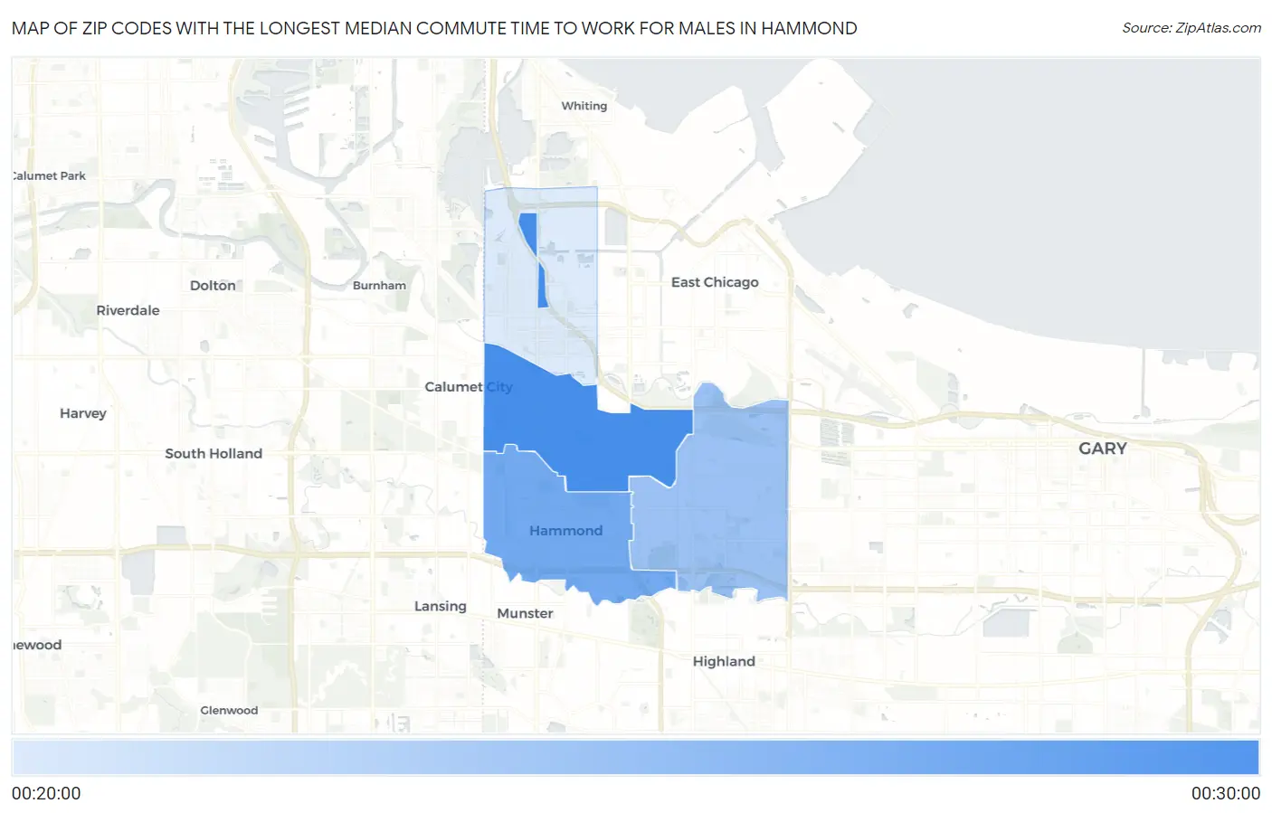 Zip Codes with the Longest Median Commute Time to Work for Males in Hammond Map
