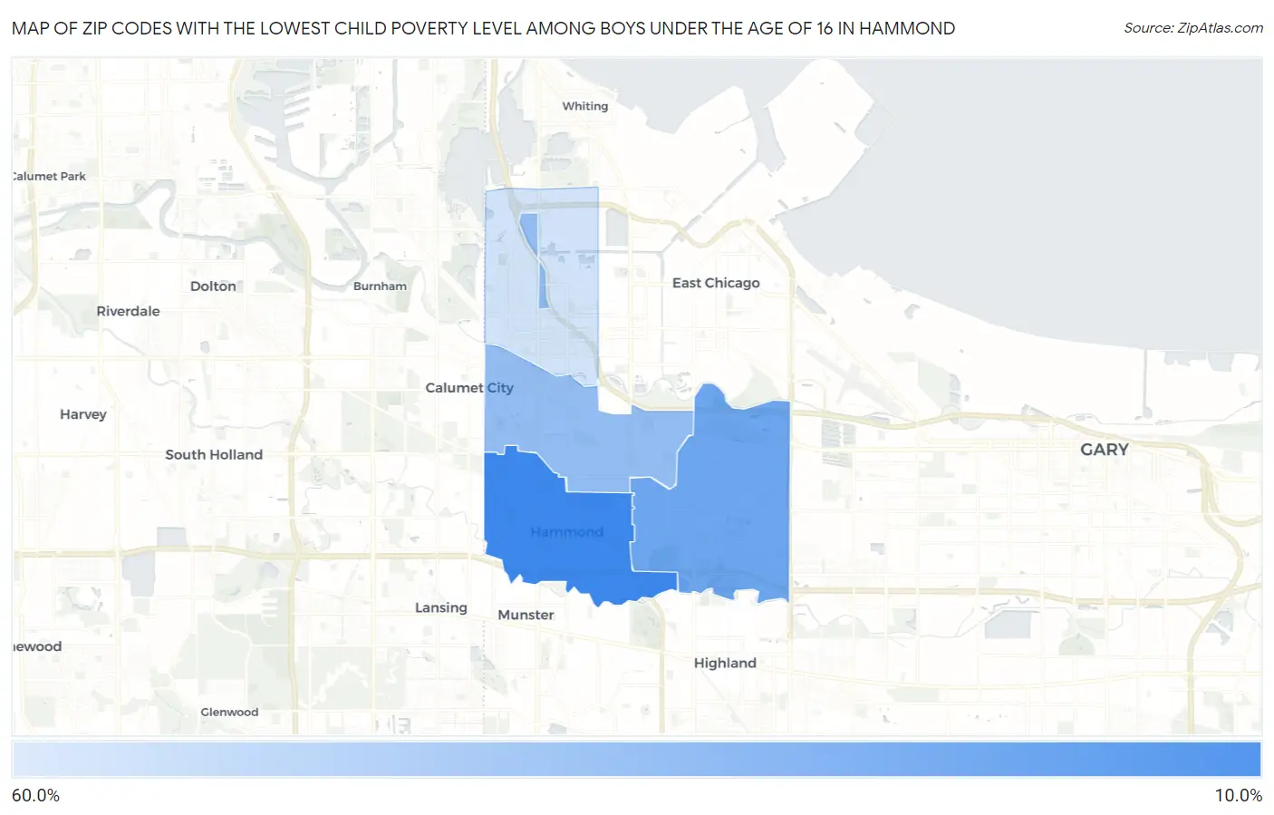 Zip Codes with the Lowest Child Poverty Level Among Boys Under the Age of 16 in Hammond Map