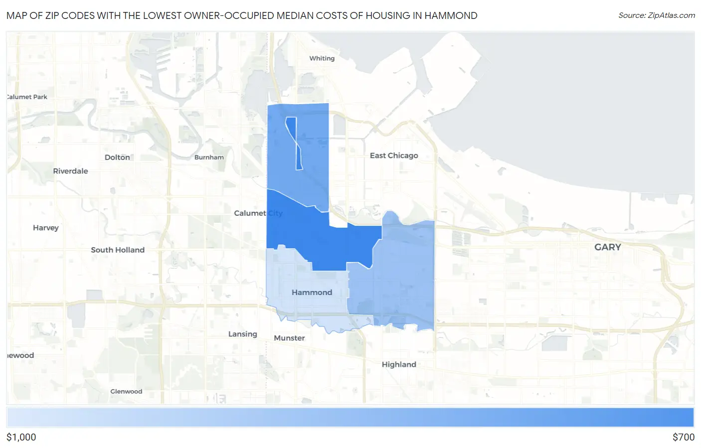 Zip Codes with the Lowest Owner-Occupied Median Costs of Housing in Hammond Map