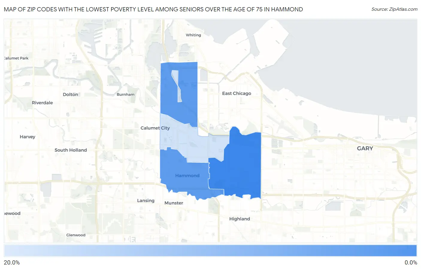 Zip Codes with the Lowest Poverty Level Among Seniors Over the Age of 75 in Hammond Map