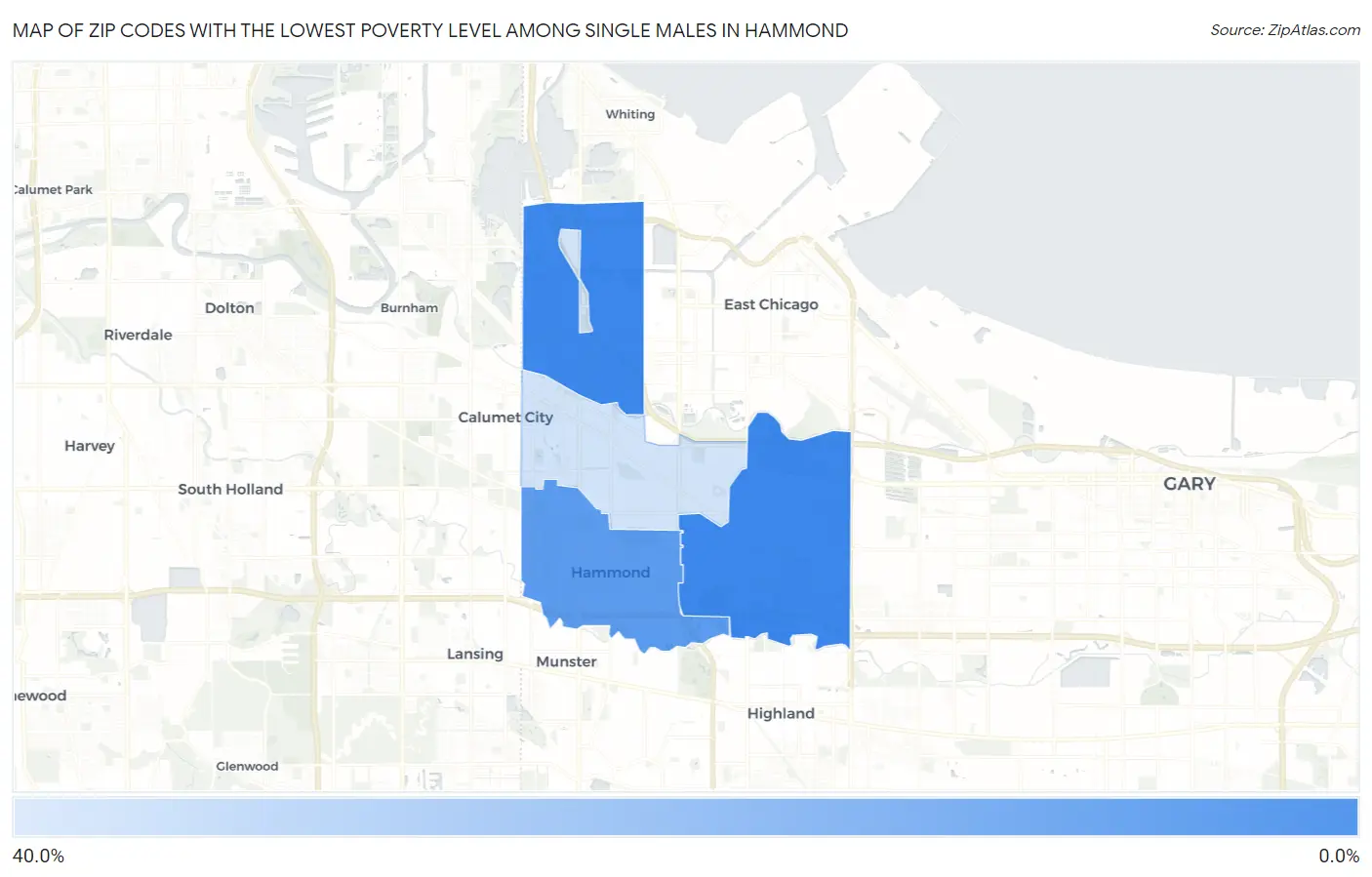Zip Codes with the Lowest Poverty Level Among Single Males in Hammond Map
