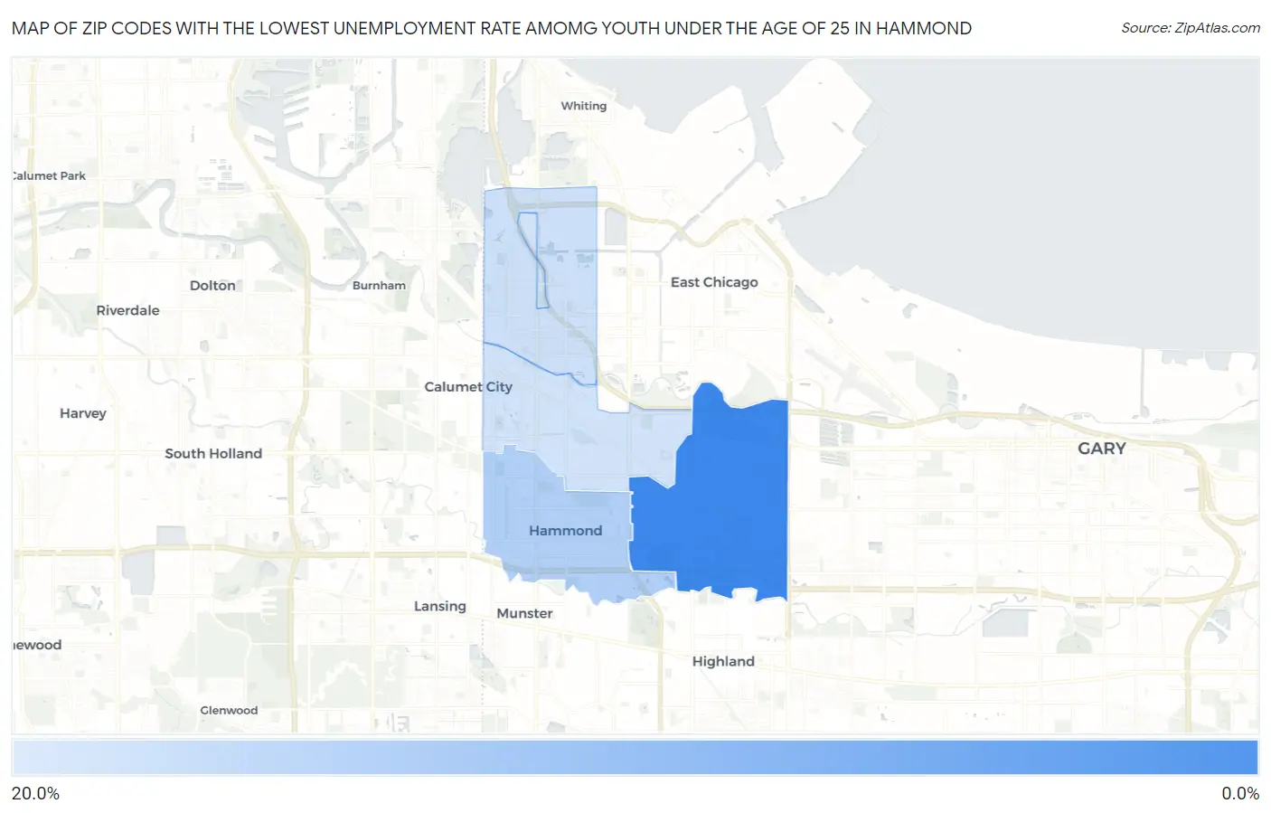 Zip Codes with the Lowest Unemployment Rate Amomg Youth Under the Age of 25 in Hammond Map