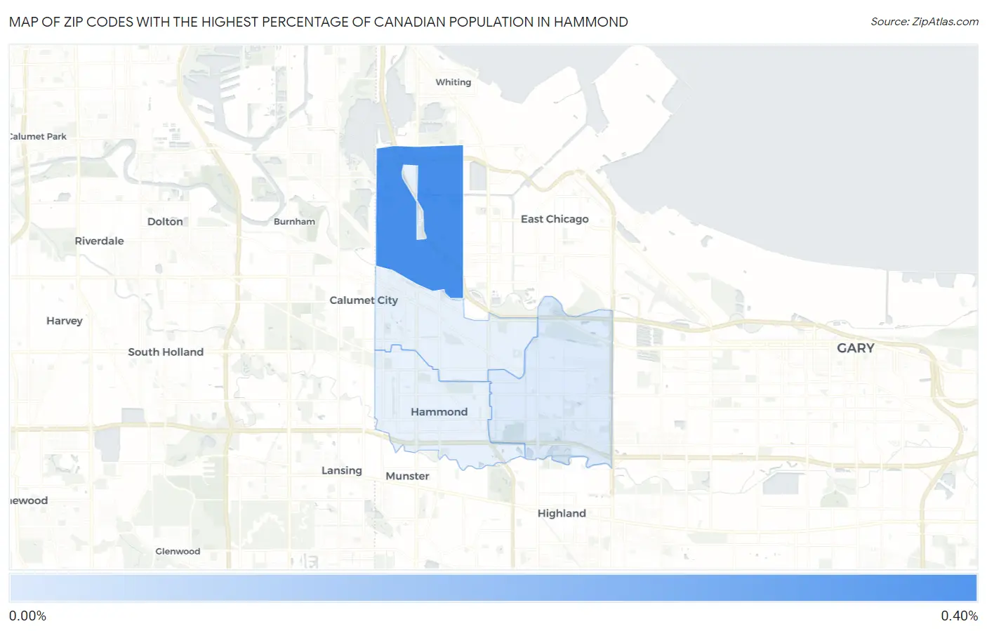Zip Codes with the Highest Percentage of Canadian Population in Hammond Map