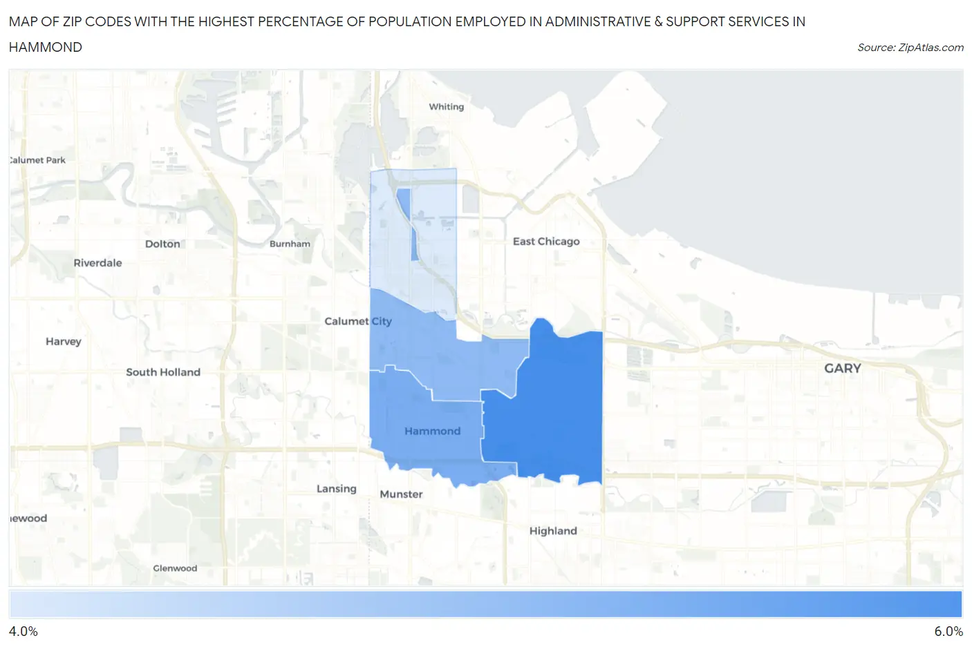 Zip Codes with the Highest Percentage of Population Employed in Administrative & Support Services in Hammond Map