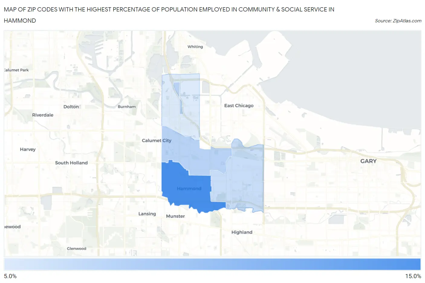 Zip Codes with the Highest Percentage of Population Employed in Community & Social Service  in Hammond Map
