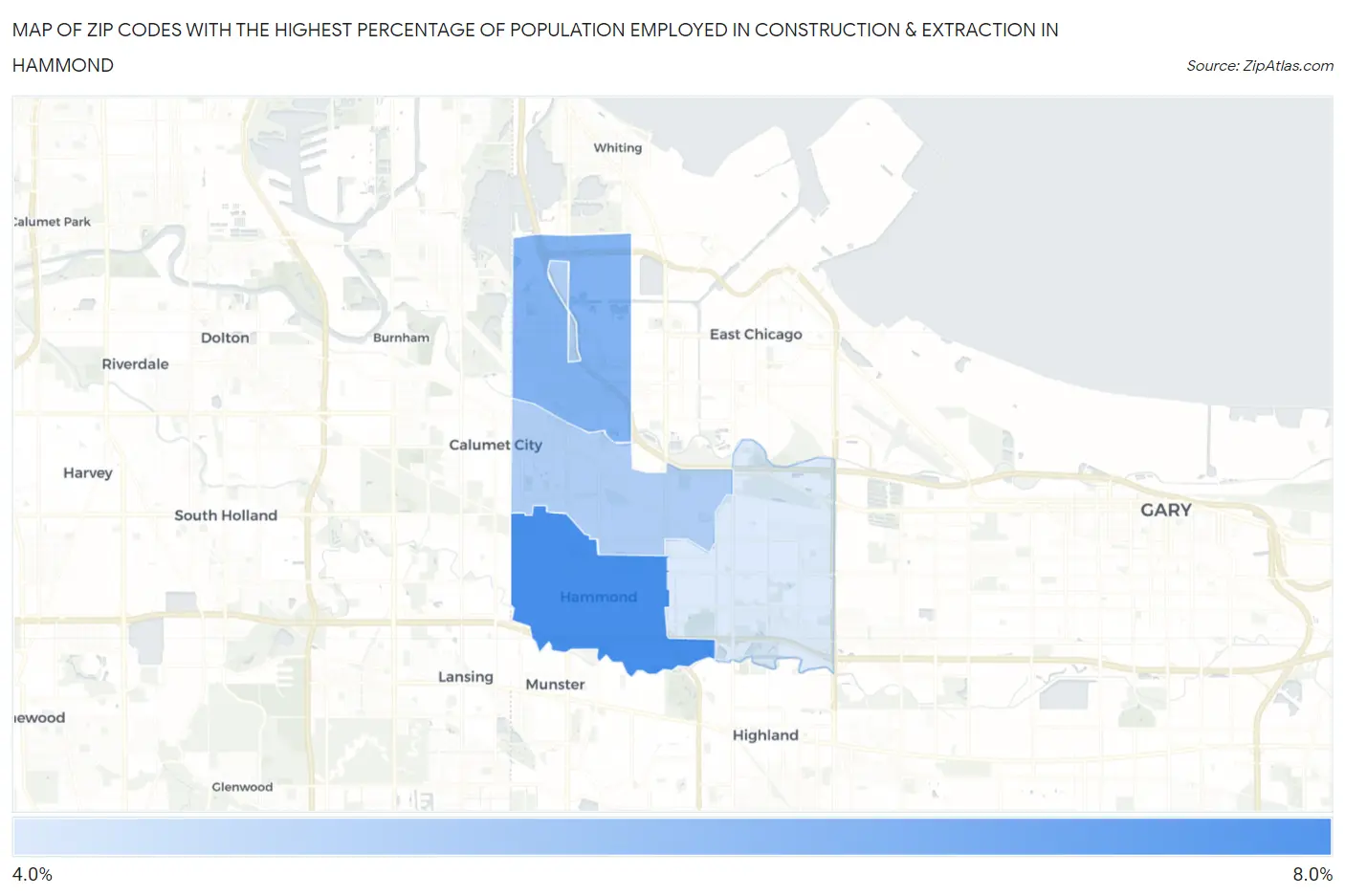 Zip Codes with the Highest Percentage of Population Employed in Construction & Extraction in Hammond Map