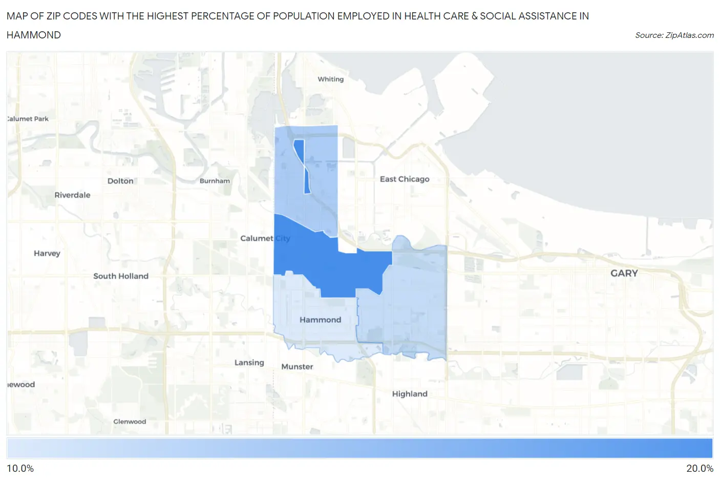 Zip Codes with the Highest Percentage of Population Employed in Health Care & Social Assistance in Hammond Map