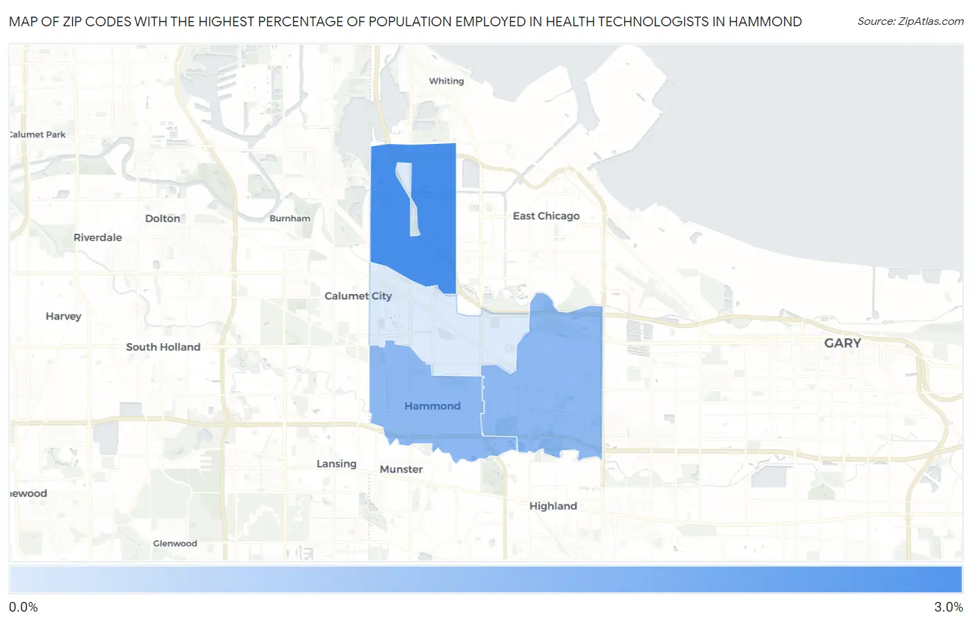 Zip Codes with the Highest Percentage of Population Employed in Health Technologists in Hammond Map