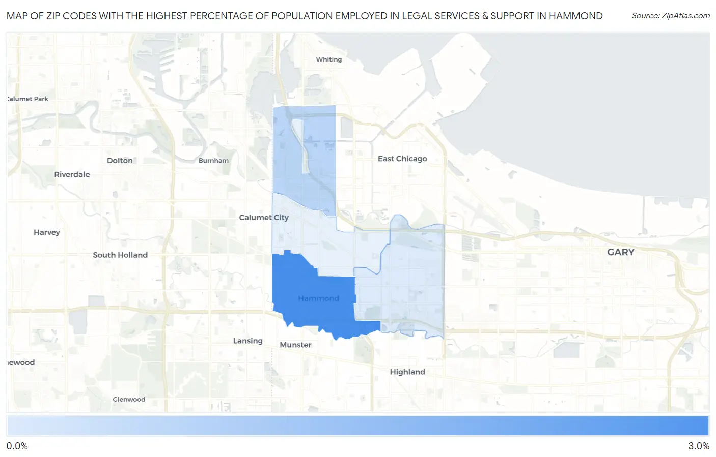 Zip Codes with the Highest Percentage of Population Employed in Legal Services & Support in Hammond Map