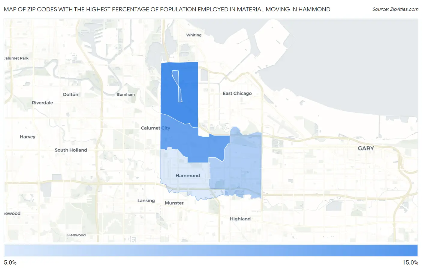 Zip Codes with the Highest Percentage of Population Employed in Material Moving in Hammond Map