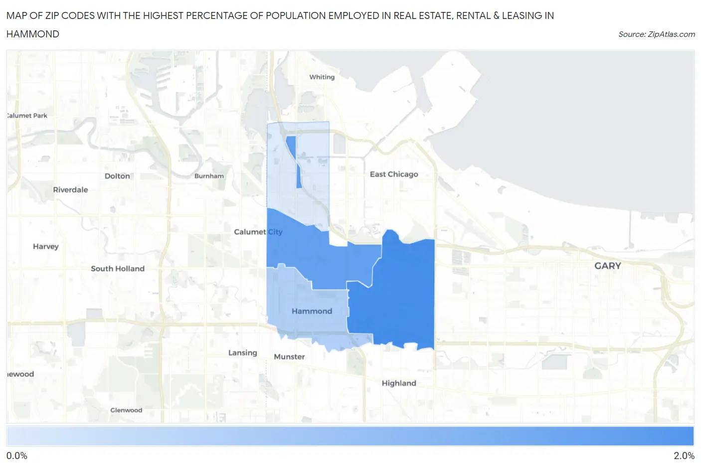 Zip Codes with the Highest Percentage of Population Employed in Real Estate, Rental & Leasing in Hammond Map
