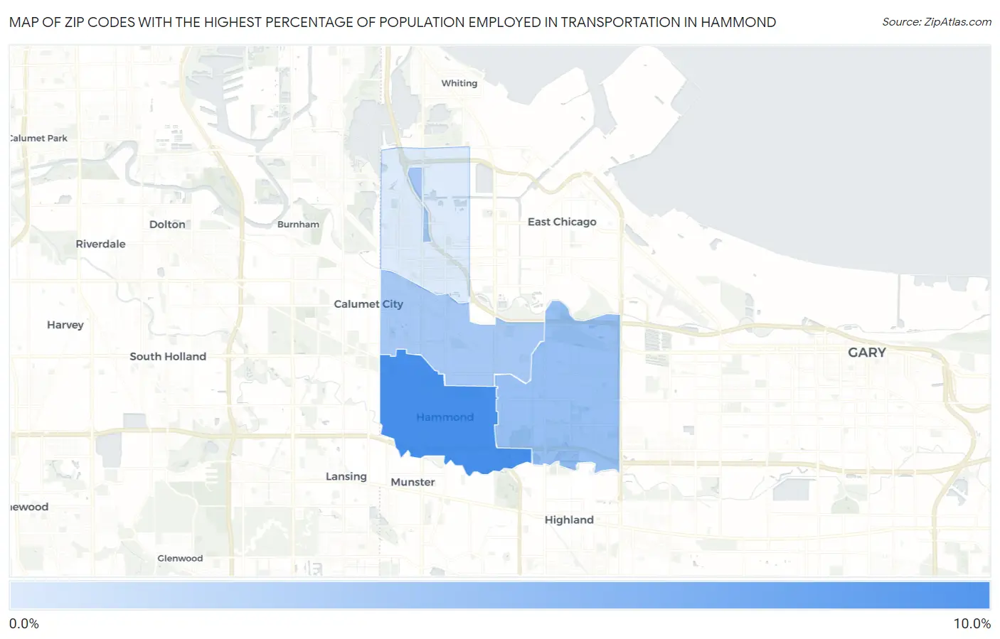 Zip Codes with the Highest Percentage of Population Employed in Transportation in Hammond Map