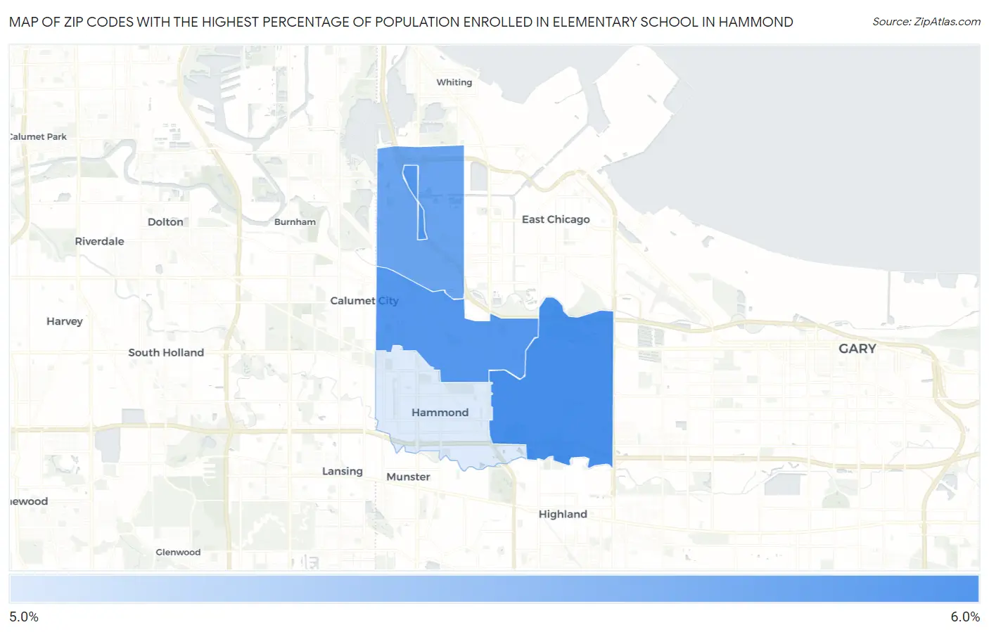 Zip Codes with the Highest Percentage of Population Enrolled in Elementary School in Hammond Map
