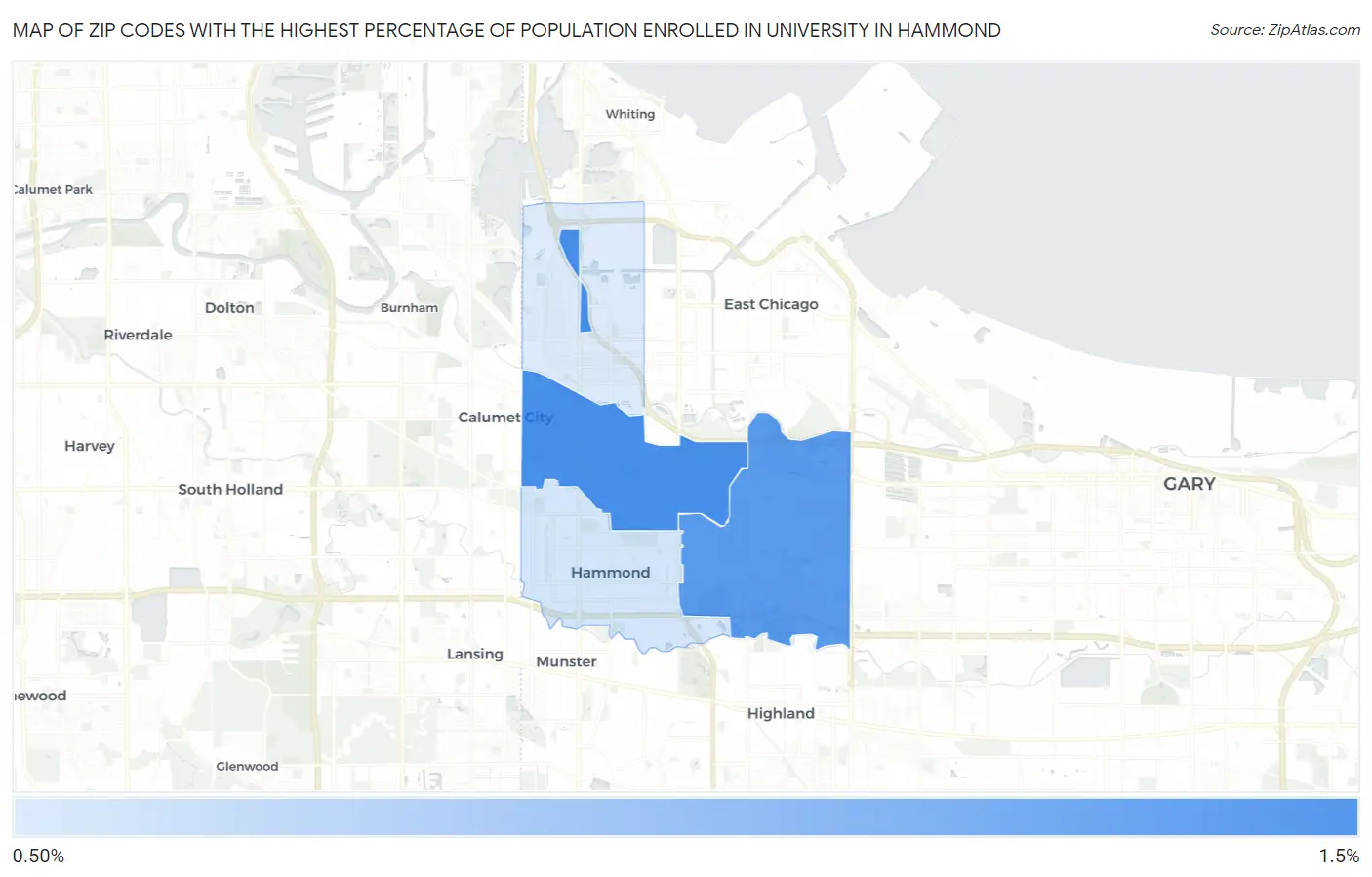 Zip Codes with the Highest Percentage of Population Enrolled in University in Hammond Map