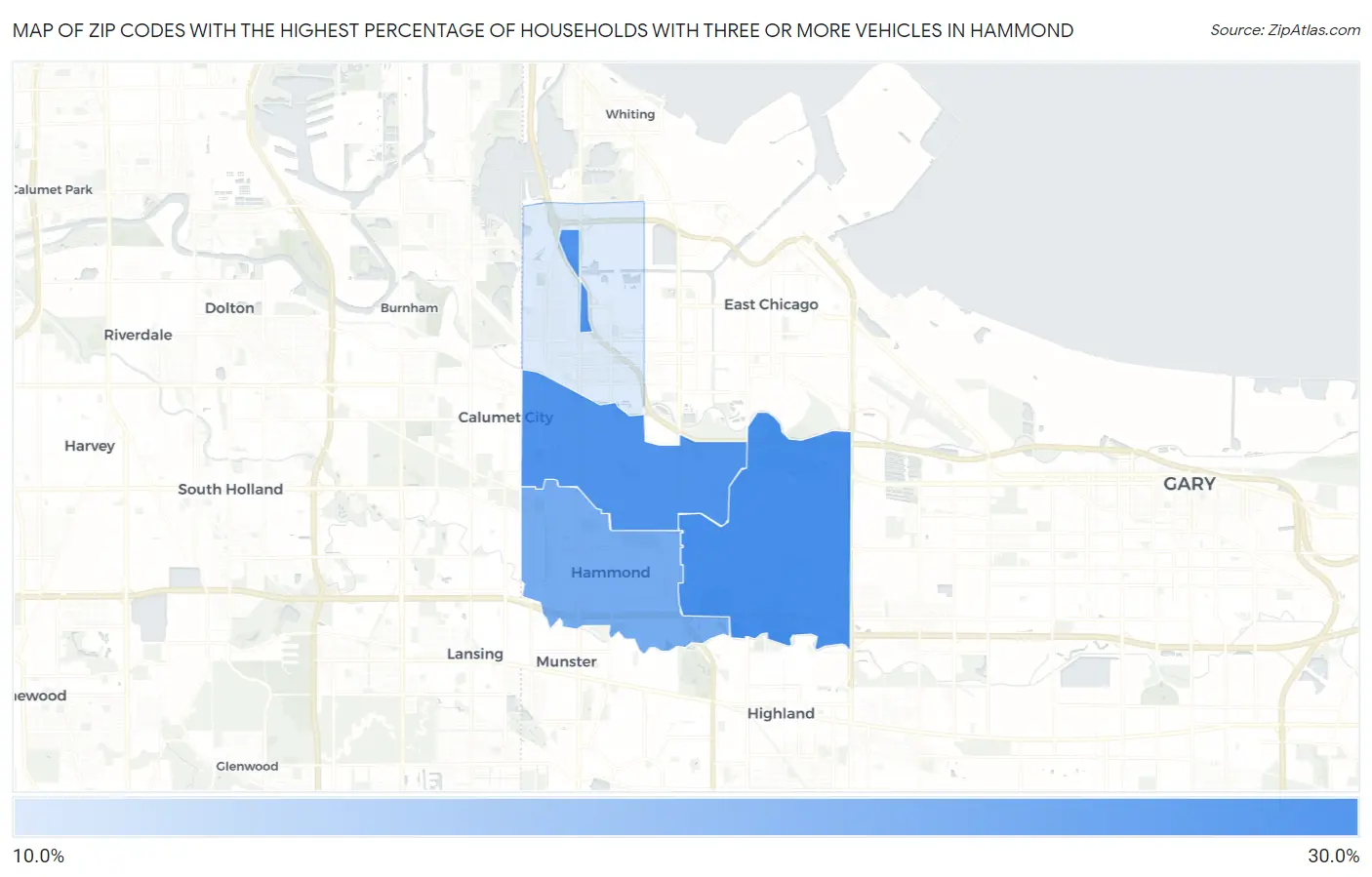 Zip Codes with the Highest Percentage of Households With Three or more Vehicles in Hammond Map