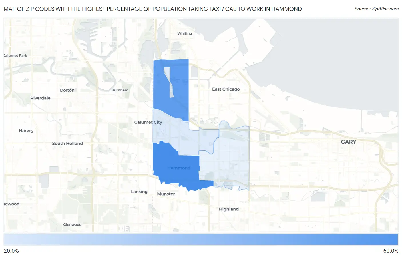 Zip Codes with the Highest Percentage of Population Taking Taxi / Cab to Work in Hammond Map