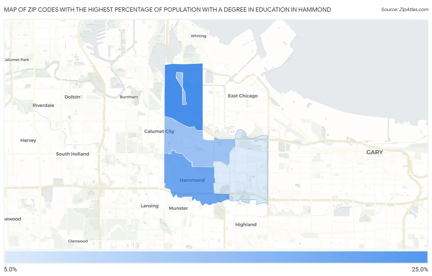 Zip Codes with the Highest Percentage of Population with a Degree in Education in Hammond Map