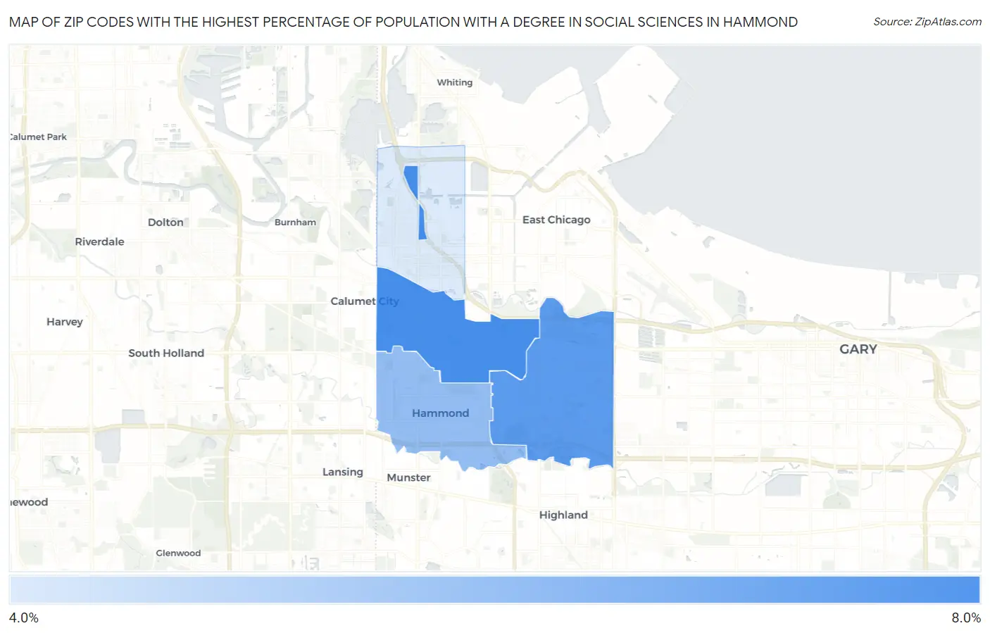 Zip Codes with the Highest Percentage of Population with a Degree in Social Sciences in Hammond Map