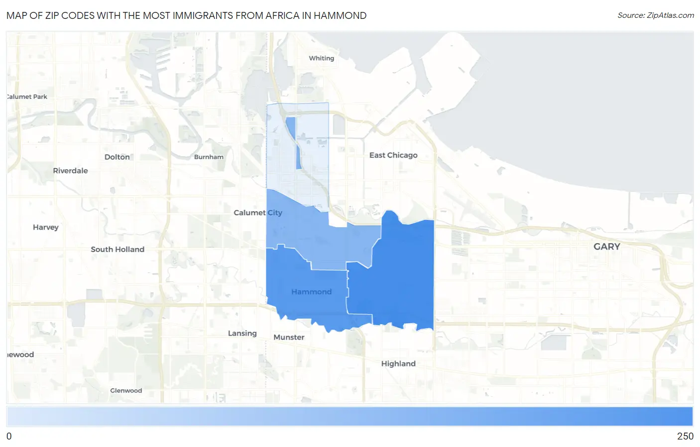 Zip Codes with the Most Immigrants from Africa in Hammond Map