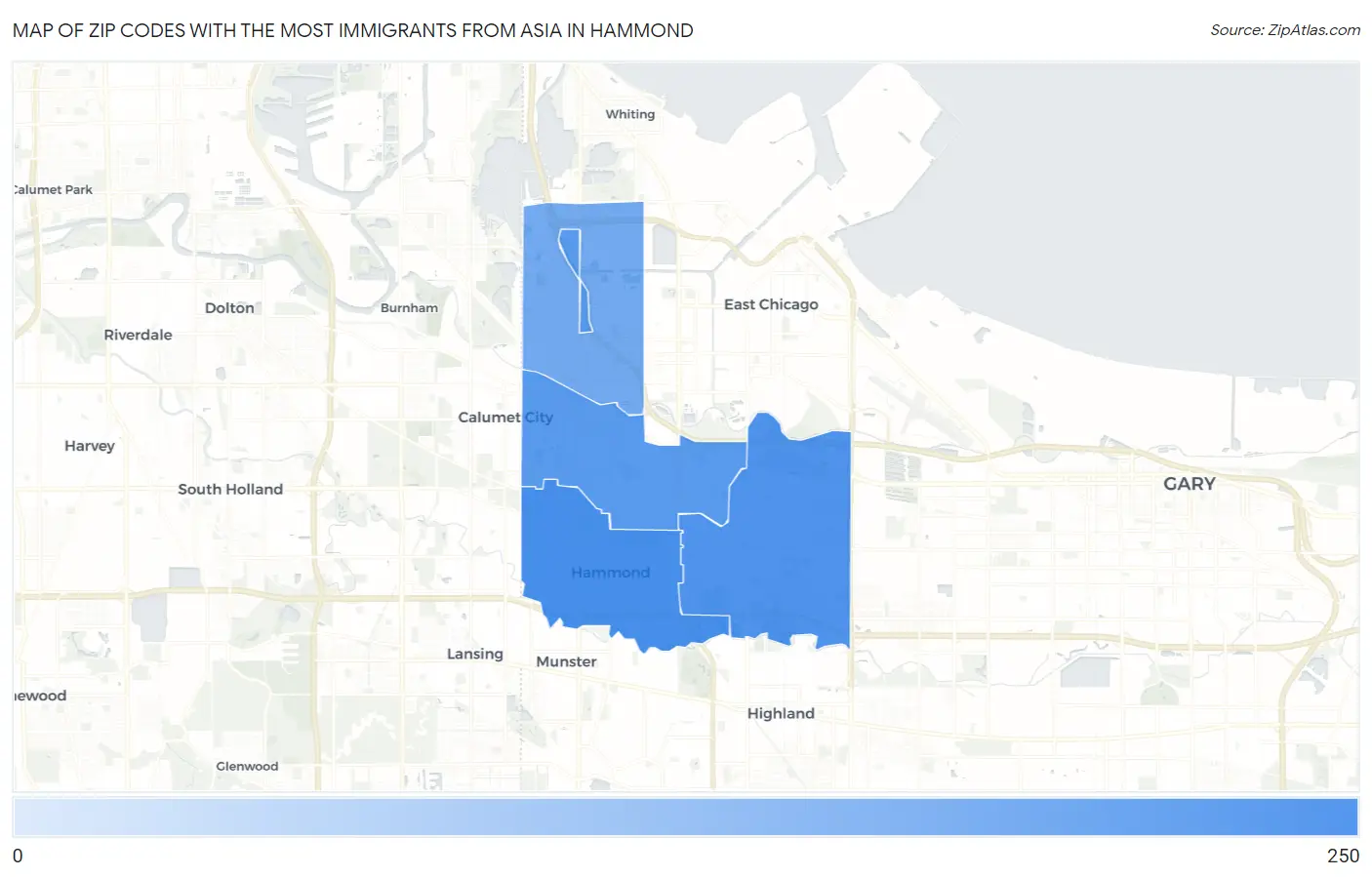 Zip Codes with the Most Immigrants from Asia in Hammond Map