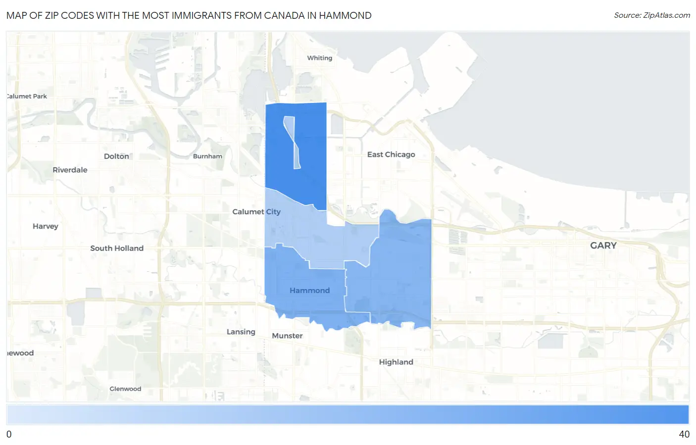 Zip Codes with the Most Immigrants from Canada in Hammond Map