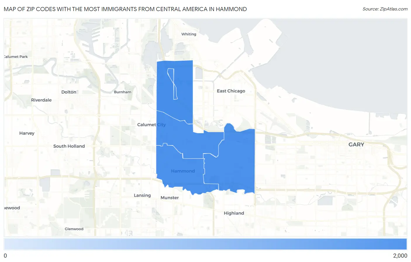 Zip Codes with the Most Immigrants from Central America in Hammond Map