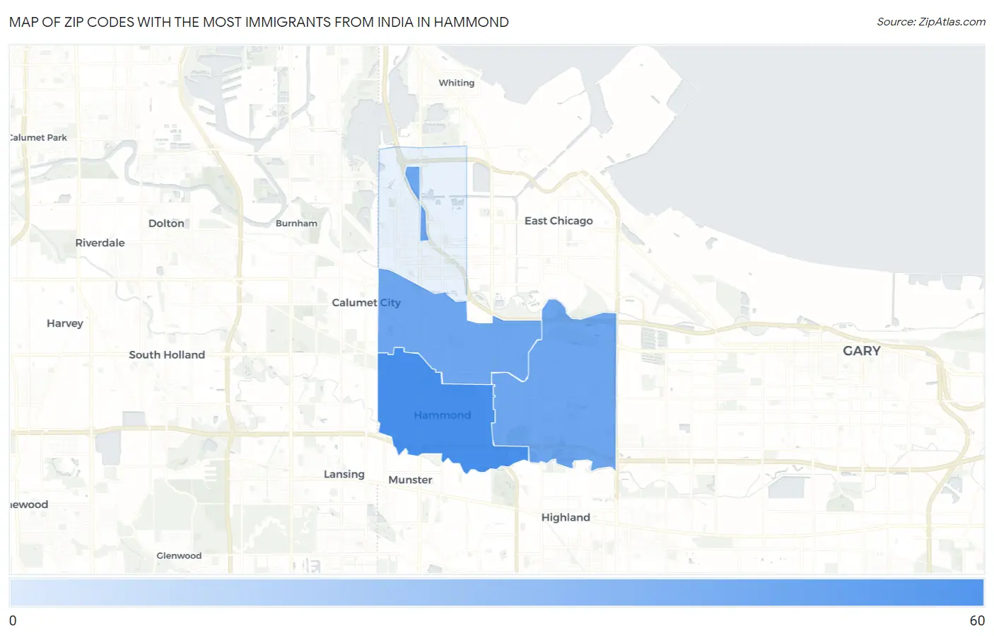 Zip Codes with the Most Immigrants from India in Hammond Map